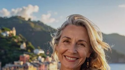 Frau lächelt vor italienischer Berglandschaft