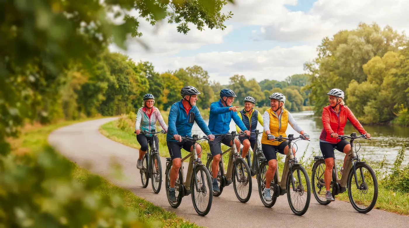 Gruppe von Radfahrern auf einem Weg entlang eines Flusses in grüner Landschaft