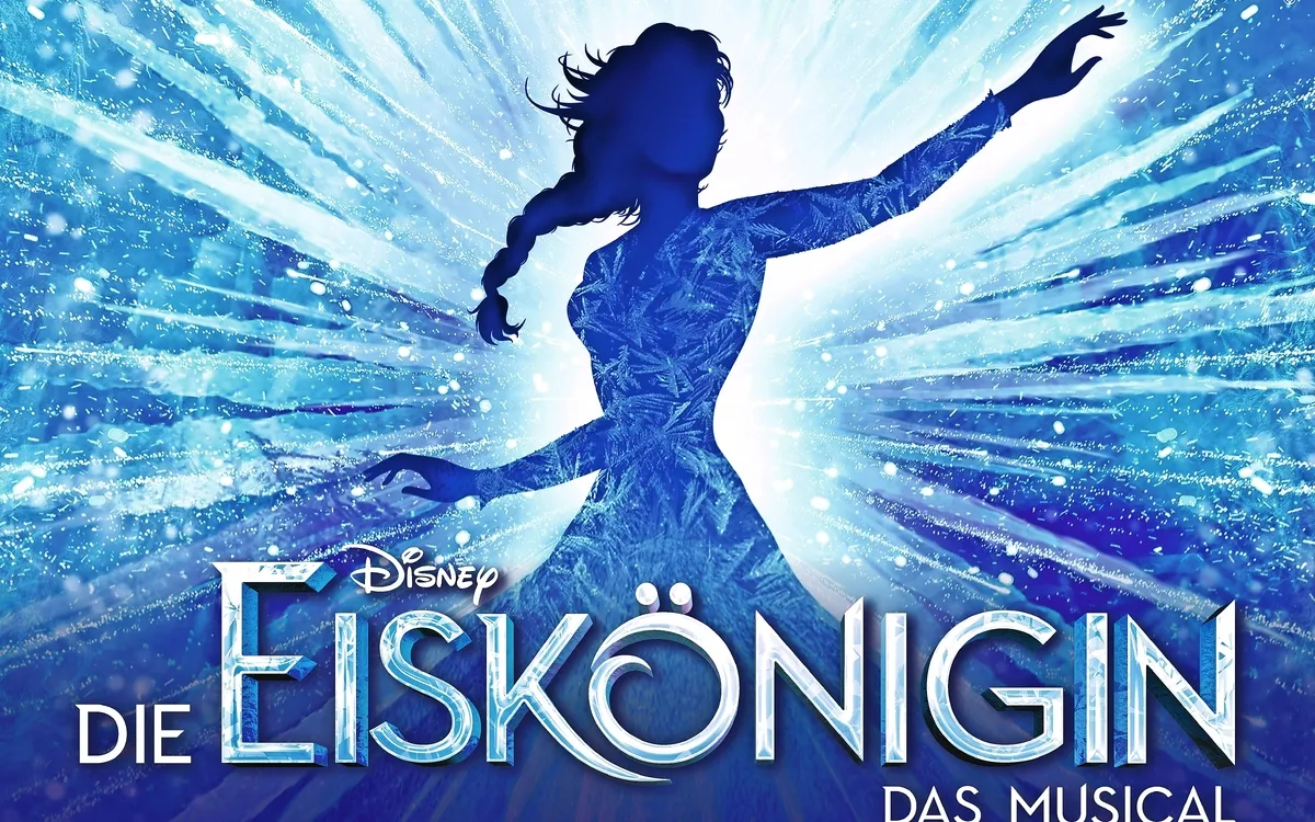 Schattenriss einer Frau in blauer Eislandschaft mit Schriftzug "Die Eiskönigin – Das Musical".