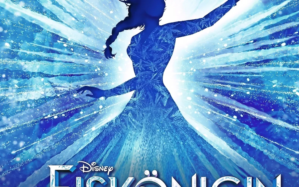 Silhouette einer Frau vor eisblauem Hintergrund mit dem Text "Die Eiskönigin: Das Musical".