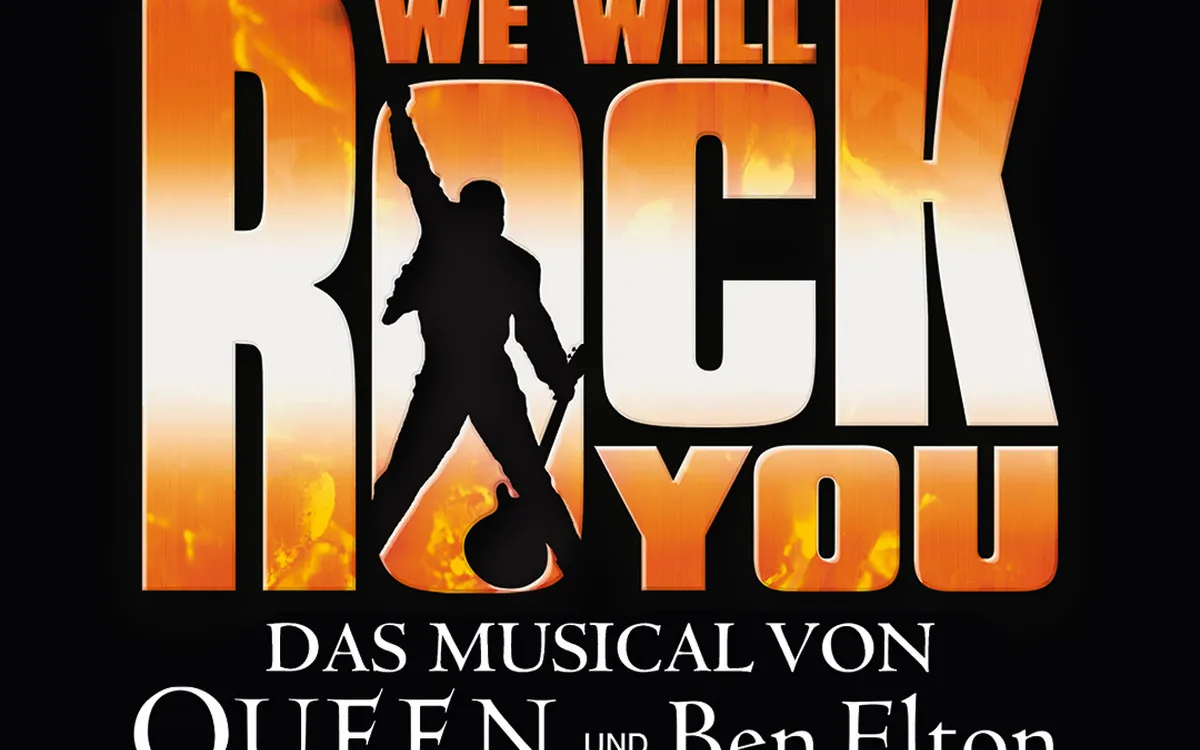 We Will Rock You Musical-Logo mit Schriftzug von Queen und Ben Elton.
