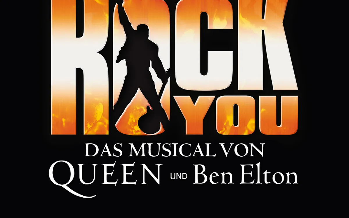“We Will Rock You” Musical-Logo auf schwarzem Hintergrund.