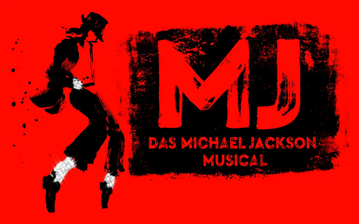 Illustriertes Bild eines Tänzers und Text: MJ, Das Michael Jackson Musical.