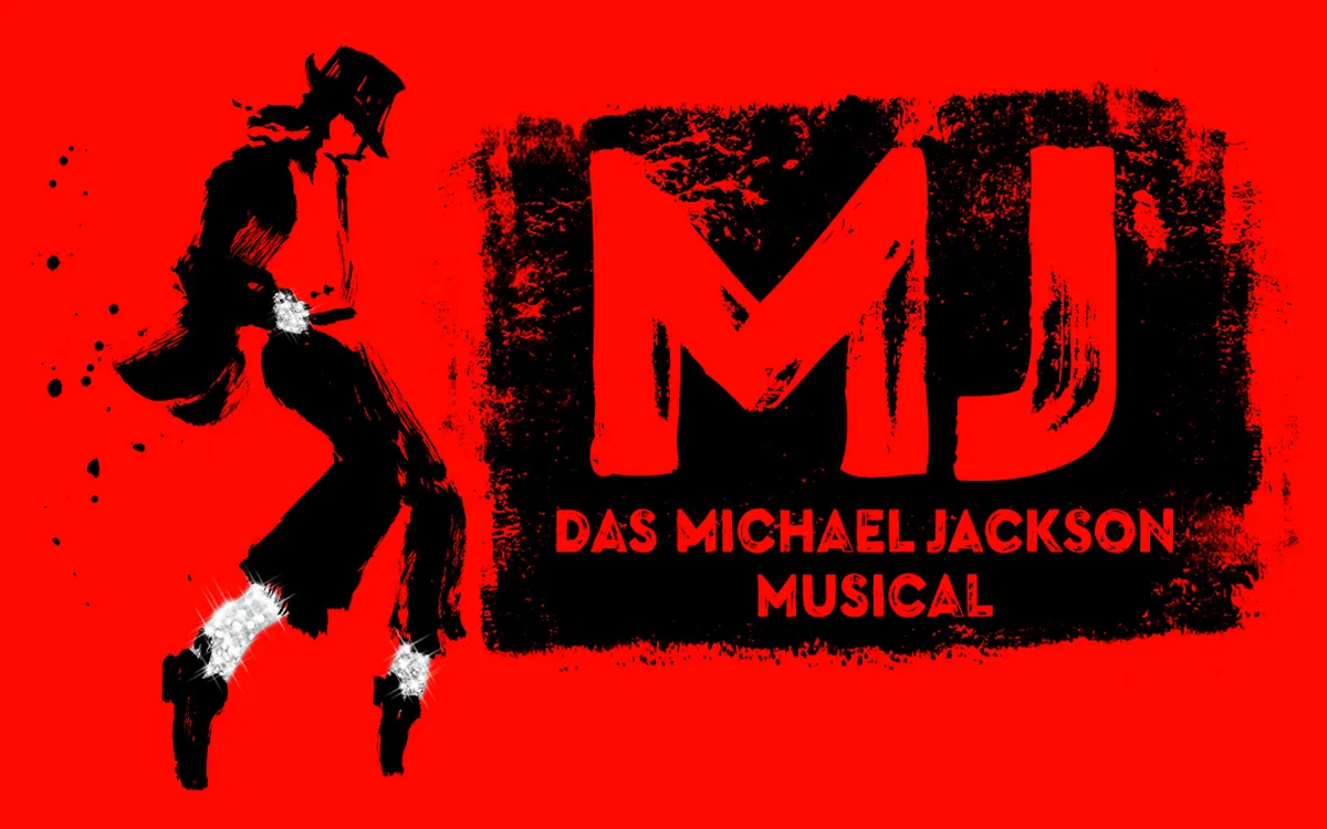 Roter Hintergrund mit Tänzer und Text "MJ Das Michael Jackson Musical".