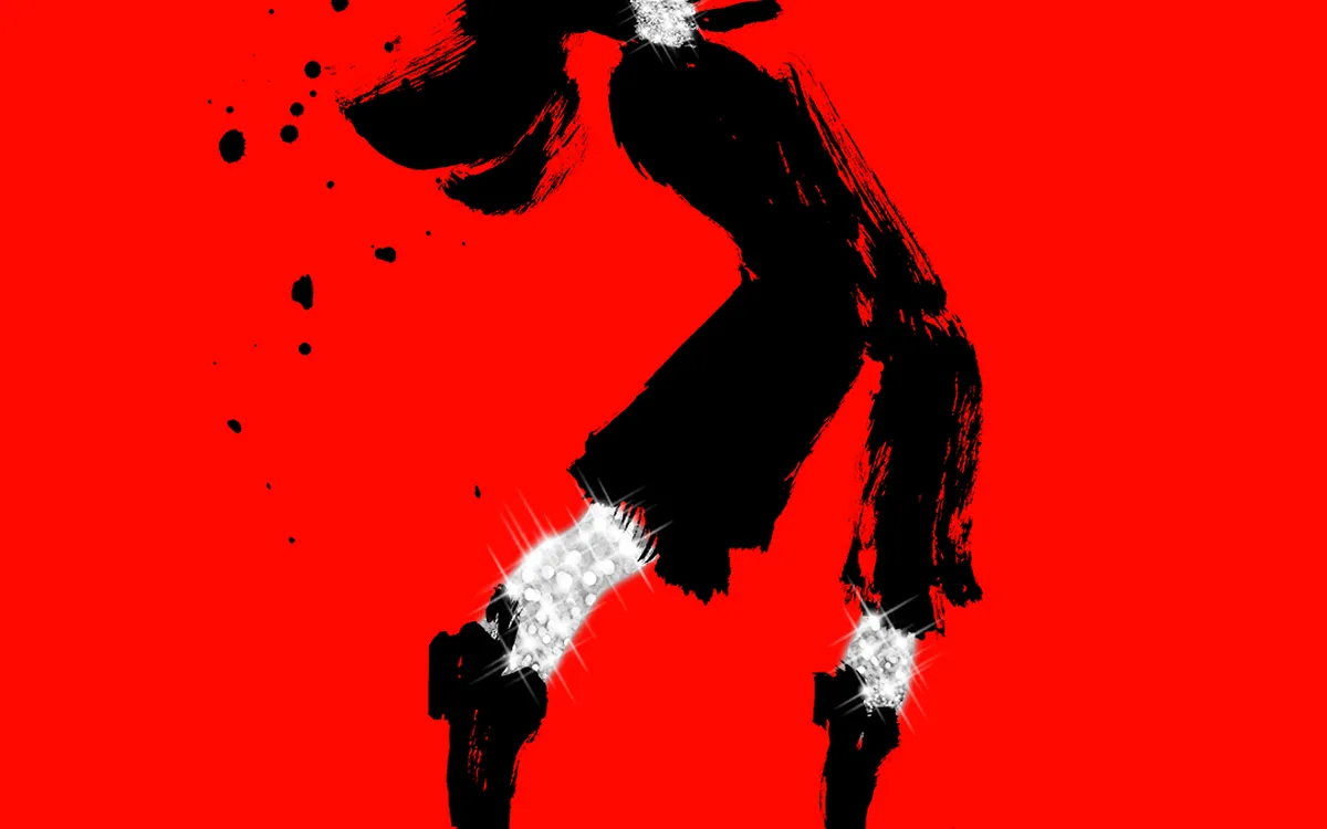 Silhouette eines Tänzers vor rotem Hintergrund, darüber MJ Das Musical.