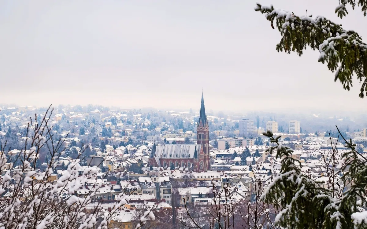 Ein verschneiter Stadtpanorama mit einer gotischen Kirche im Zentrum und Bäumen im Vordergrund.