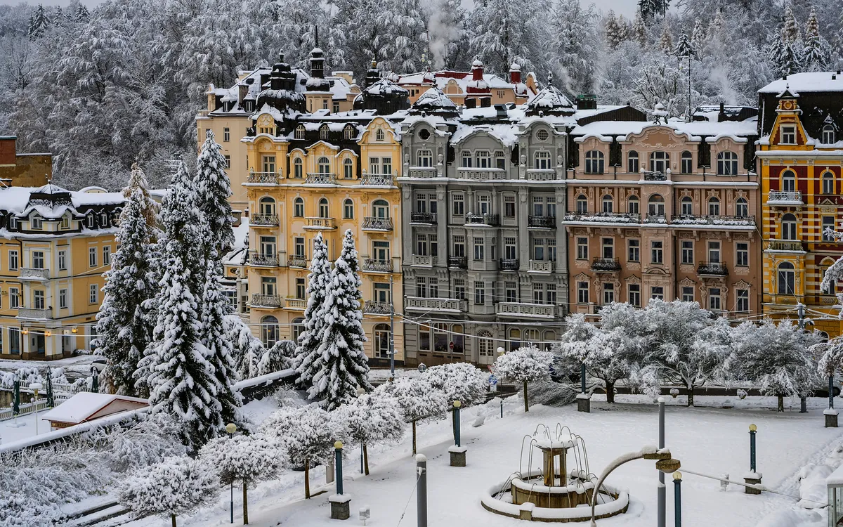Verschneite Altstadtfassaden und Bäume im Winter.