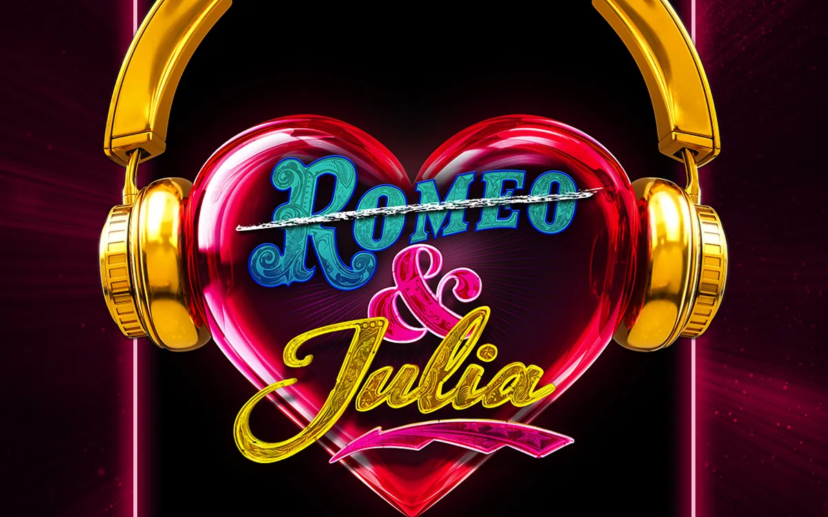 Logo für "& JULIA - Das Pop-Musical" in Stuttgart mit buntem Herz und Kopfhörern