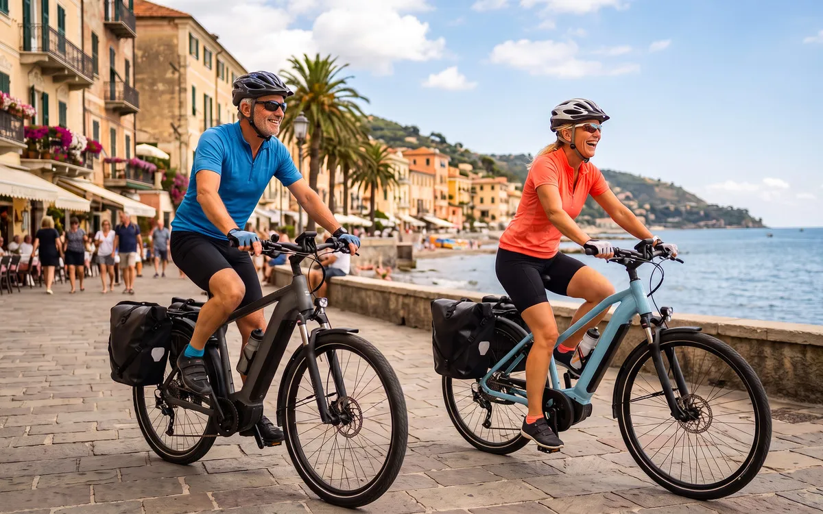 Zwei E-Biker randeln in Alassio.