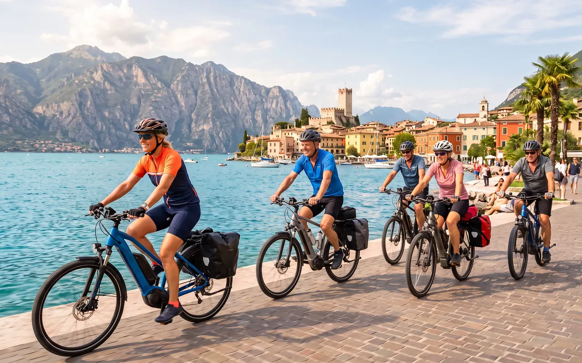 Gruppe Radfahrer am Ufer des Gardasees