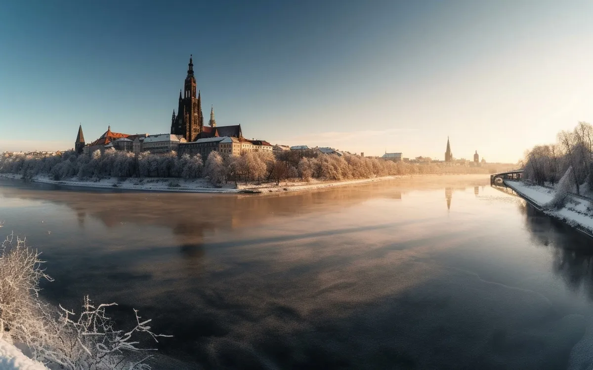 Winterlandschaft mit schneebedecktem Schloss und Fluss im Vordergrund.