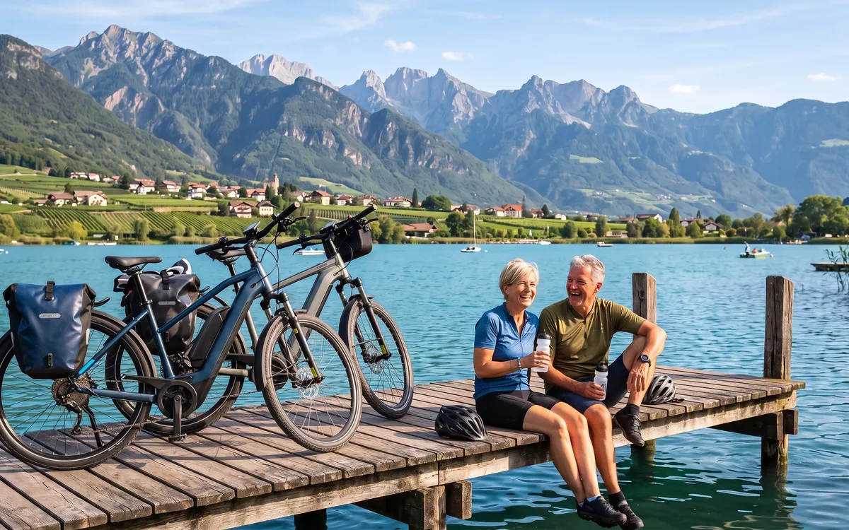 Ein Radler Paar sitz auf einem Steg am Ufer eines Sees in Südtirol