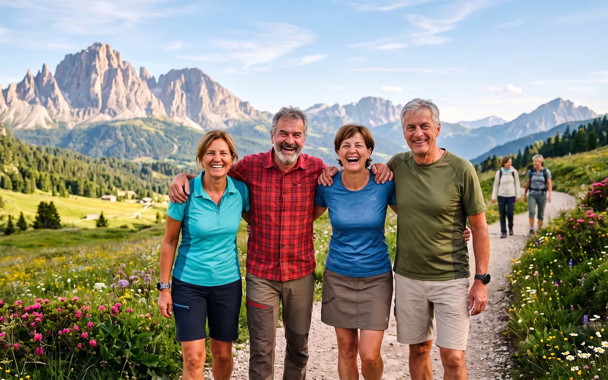 Eine Gruppe Wanderer auf einem Wanderweg in Südtirol