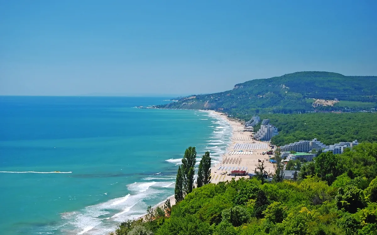 Küstenlandschaft mit Strand und grünem Wald am Meer.