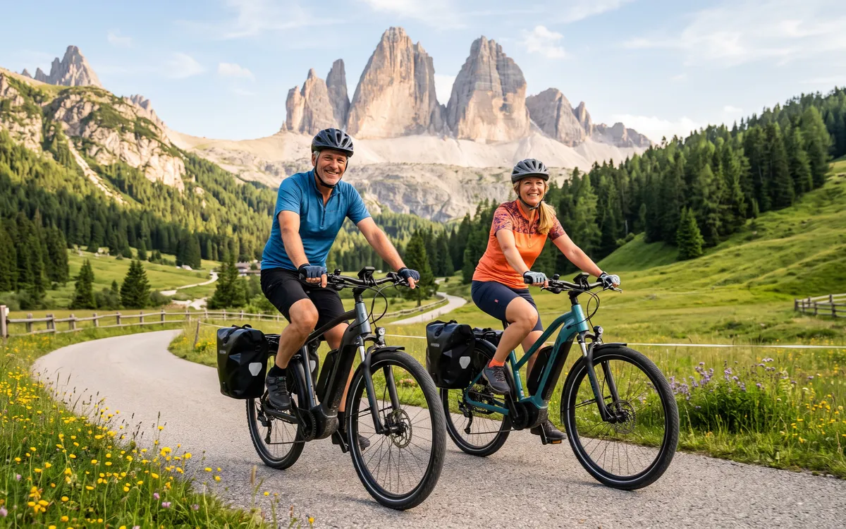 Ein Radfahrerpärchen vor den Dolomiten