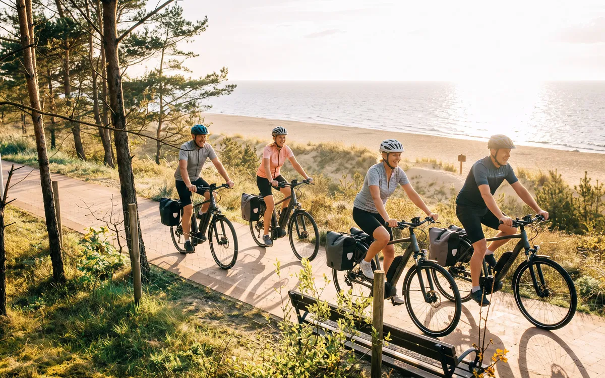Eine Gruppe radelt entlang der Ostsee