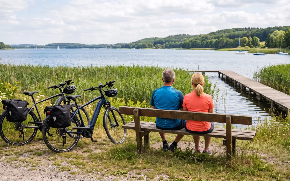Ein Radfaherer Paar sitzt auf einer Bank an einem See.
