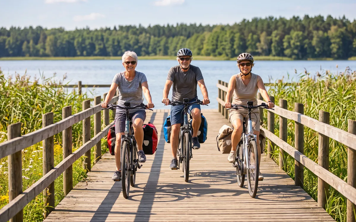 Radfahrer auf einem Steg an einem See.