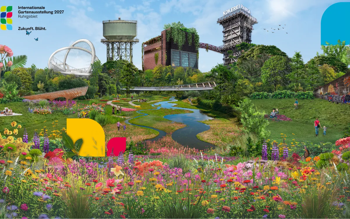 Bunte Landschaft mit Blumen, Wiesen, Gebäuden und Logo in der linken oberen Ecke.