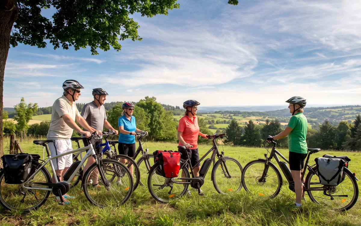 Einge Gruppe E-Biker steht vor einem schönen Wiesenpanorama.