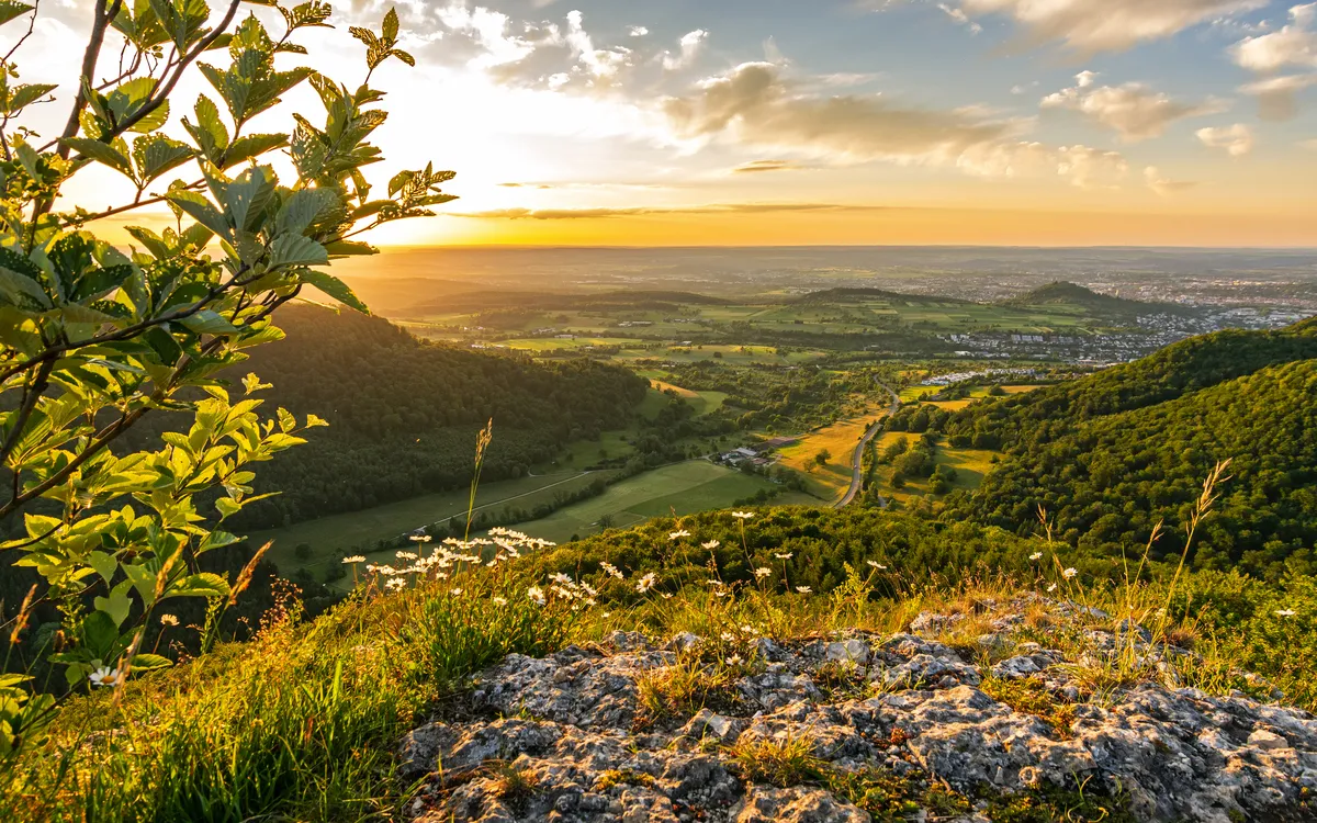 Blick auf eine grüne Landschaft bei Sonnenuntergang mit Hügeln und Wiesen.